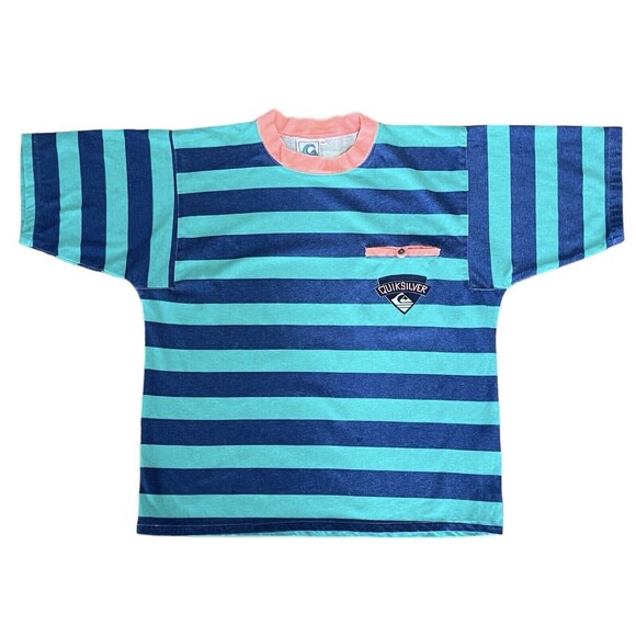 Vintage QUICKSILVER Rugby Stripe T-Shirt Wave Logo Boxy 80’s Surf Skate USA Made - Picture 1 of 7